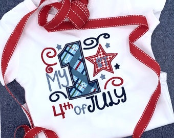 Fourth of July white, appliqued onesie; baby boy onesie, 1st Fourth of July; three sizes