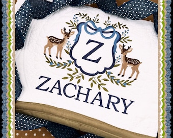 For the little deer hunter!  Personalized heirloom quilt with beautiful, embroidered crest - perfect baby gift!