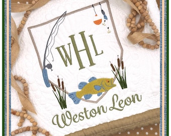 Meet me at the watering hole!  Fishing inspired baby boy heirloom quilt, a forever keepsake.