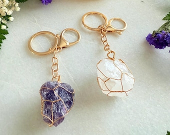Raw Crystal Keychain: Gold Wire Wrapped Amethyst or Clear Quartz