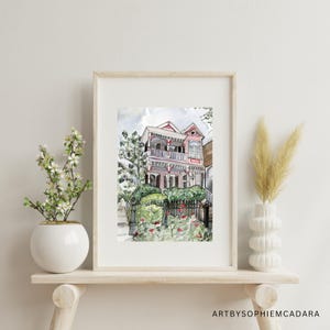 Impresión artística en acuarela de una casa con jardín en Nueva Orleans, LA