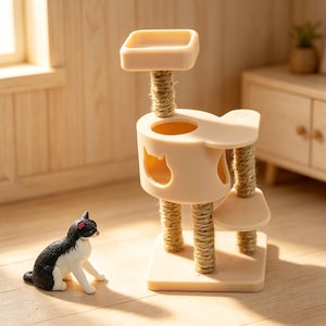 Può includere: Un tiragraffi in miniatura color beige a più livelli, con pali rivestiti in sisal e aperture a forma di gatto, accompagnato da una piccola statuetta di gatto bianco e nero. La struttura presenta una piattaforma superiore e una tana.