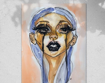 Sad Pixie Watercolour Girl Blue Hair Fashion Illustration Grunge Portrait Original Artwork Print