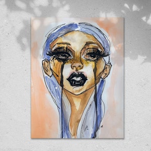 Sad Pixie Watercolour Girl Blue Hair Fashion Illustration Grunge Portrait Original Artwork Print