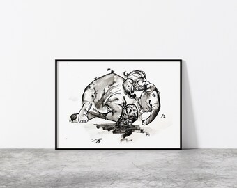 May include: Black and white ink drawing of two elephants, one lying down and the other standing on top of it. The elephants are drawn in a stylized, almost cartoonish way.