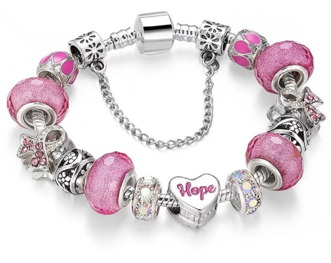 Pandora Style Breast Cancer Charm Bracelet Breast Cancer Etsy