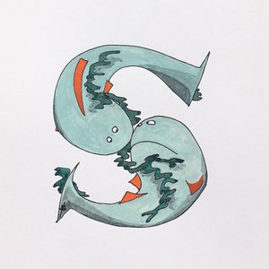 Erste Kunstwerk, von Hand bemalt &#39;s&#39;. Illustrierte Alphabet Buchstaben, Fisch-Design