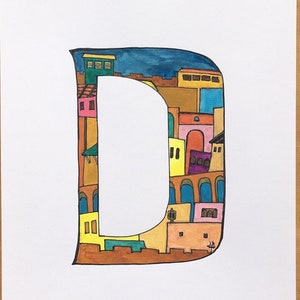 Obra de arte inicial, pintada a mano 'D'. Carta del alfabeto ilustrado, tema de la ciudad