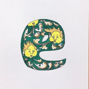 Obra de arte inicial, pintada a mano 'E'. Carta del alfabeto ilustrado, tema Cherub