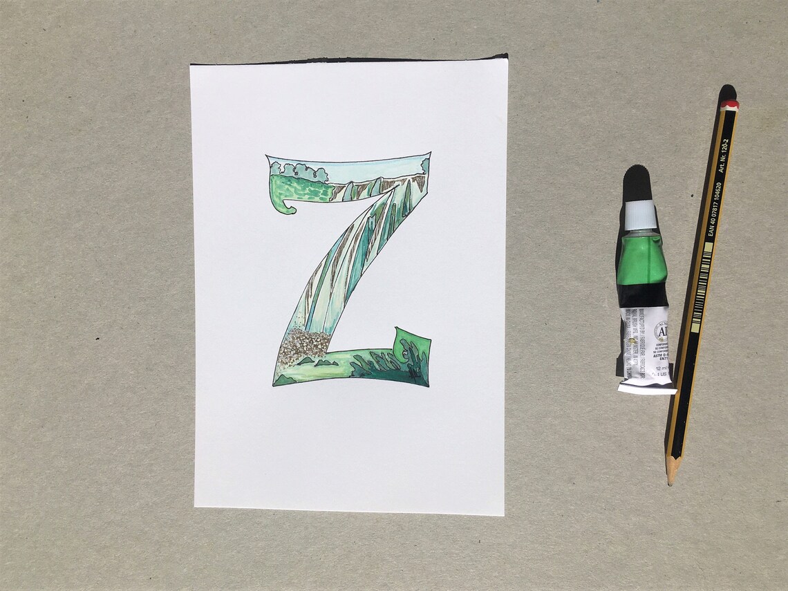 Initial Artwork, Hand Painted 'Z'. Illustrated Alphabet Letter
