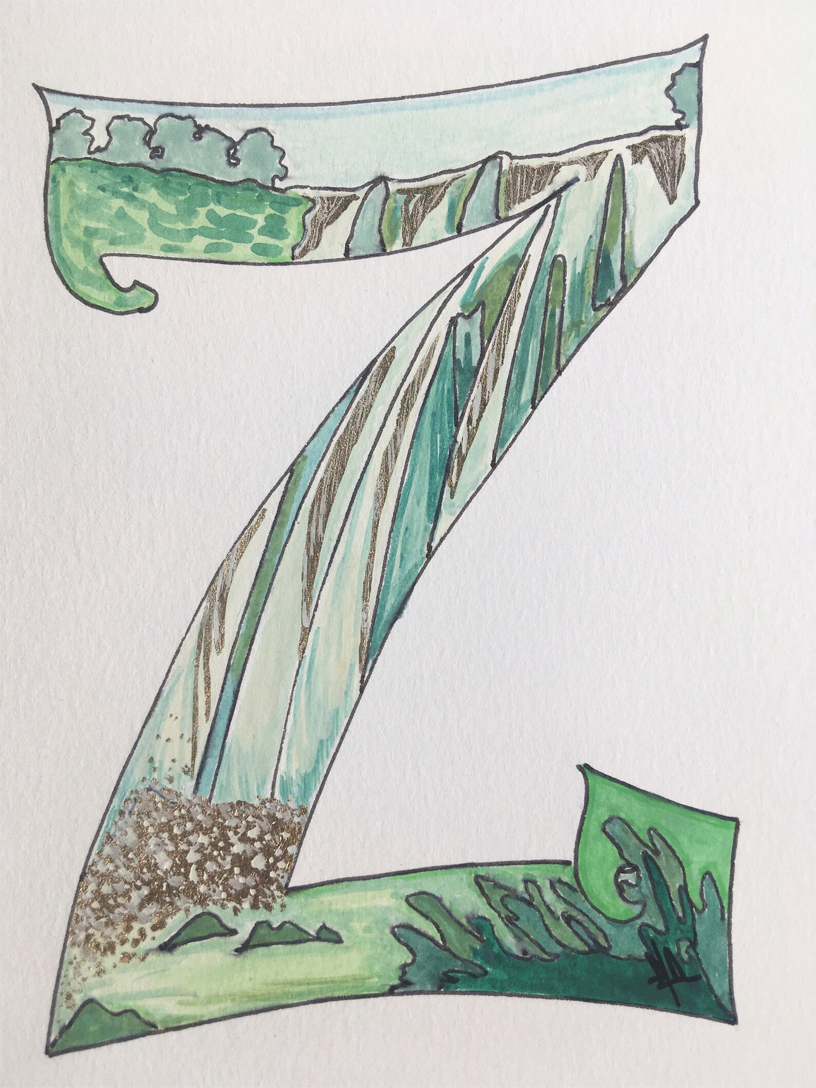 Initial Artwork, Hand Painted 'Z'. Illustrated Alphabet Letter
