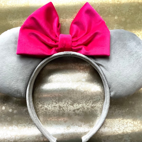 Light Grey Velvet Minnie Mouse Disney Mickey Ears with Bright Fuchsia Pink Bow