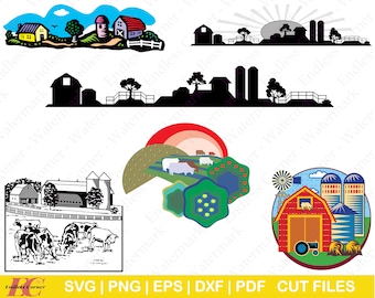 6 Farm Scenery SVG Cut File Designs, Digital Drawings Instant Download, Clip Art, Farm in Distance, Grain Bin, Farm Animals, Farm Sunset