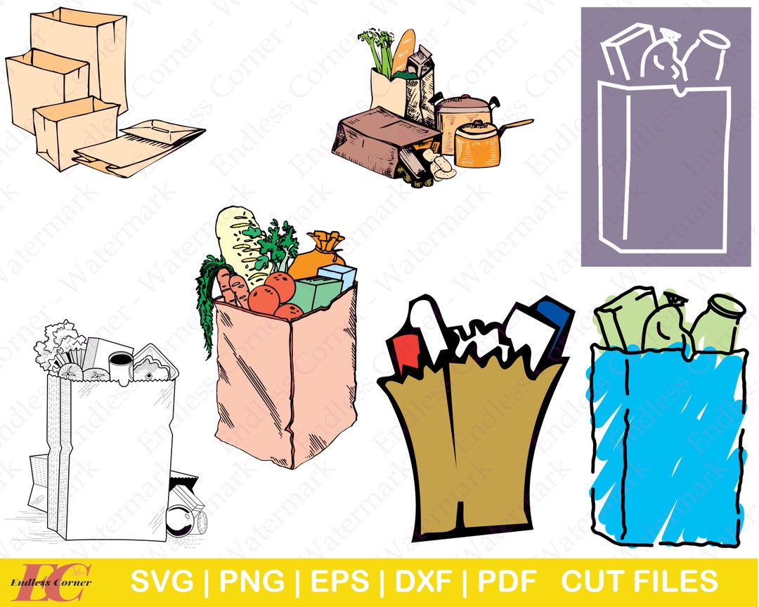 7 Groceries and Groceries Bag SVG Cut File Designs, Digital Drawings ...