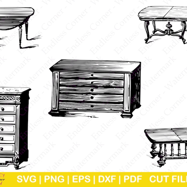 5 Antique and Vintage Furniture SVG Cut File Designs, Digital Drawings Instant Download, Clip Art, PNG, EPS, Cricut, Canva, Silhouette