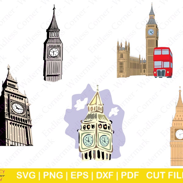 5 Big Ben Clock Digital Drawings Instant Download, Cut Files, Clip Art, SVG, PNG, EPS for Cricut, Canva, Silhouette with Commercial Use