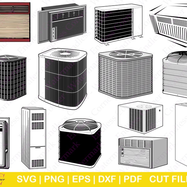 14 Air Conditioner and Furnace SVG Cut File Designs, Digital Drawings Instant Download, Clip Art, PNG, EPS, Cricut, Canva, Silhouette