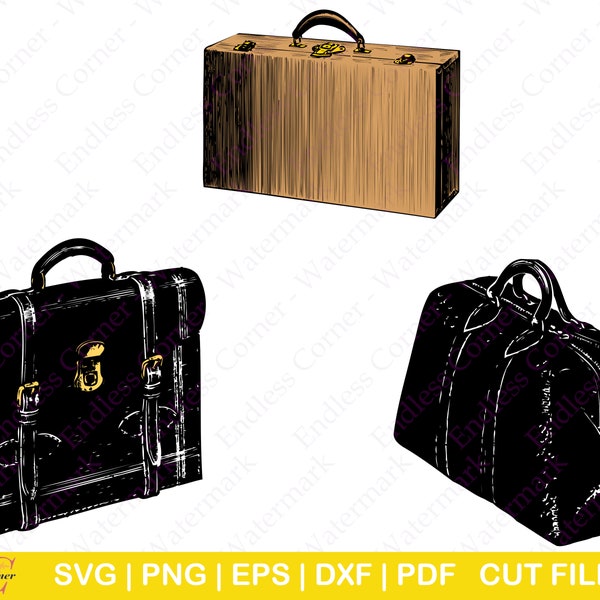 3 Antique and Vintage Briefcase and Bag SVG Cut File Designs, Digital Drawings Instant Download, Clip Art PNG EPS, Cricut, Canva, Silhouette
