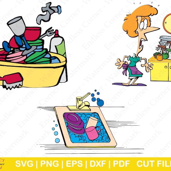 3 Dirty Dishes SVG Cut File Designs, Digital Drawings Instant Download, Clip Art, PNG, EPS, Cricut, Canva, Silhouette (Washing Dishes)