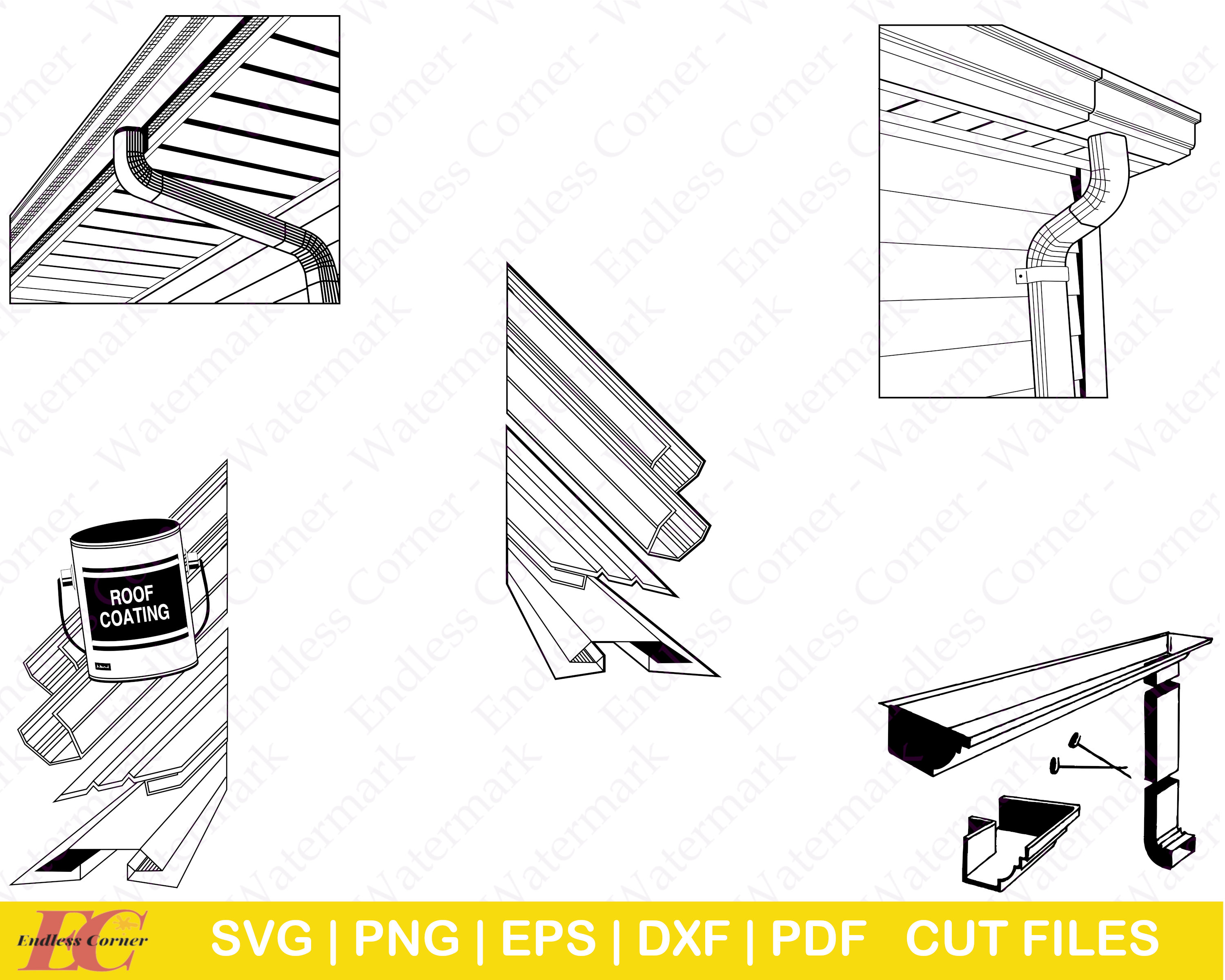 5 Gutter and Downspout SVG Cut File Designs Digital Drawings Etsy