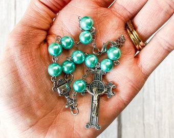Car/Rearview Mirror Rosary | 8mm Turquoise Glass Decade Rosary Beads for Catholic Women