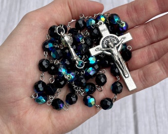 8mm  Black Faceted Glass Rosary, Catholic Rosary Beads