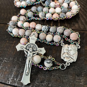 Pink Zebra Jasper Stone Catholic Ladder Rosary | Confirmation, Baptism, First Communion Gift