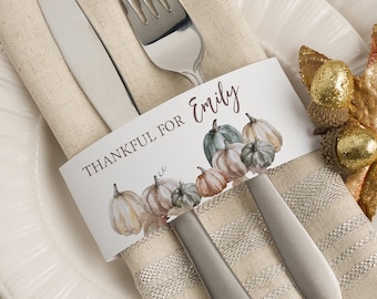 Pumpkin Napkin Band Name Cards, Thanksgiving Dinner Place Setting, Instant Download, Corjl #015-13NB