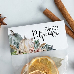 May include: A clear plastic bag filled with dried orange slices, cinnamon sticks, star anise, and bay leaves. The bag has a white label that says "Stovetop Potpourri" with a watercolor illustration of pumpkins and flowers.