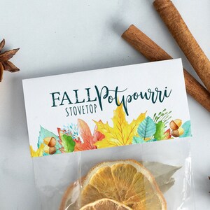 Pode incluir: Um saco de plástico transparente cheio de fatias de laranja secas, paus de canela, anis estrelado e cravos. O saco tem um rótulo branco que diz "FALL STOVETOP Potpourri".