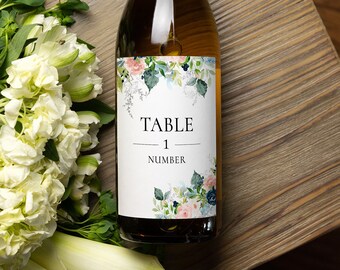 Floral Wine Bottle Table Number Template, DIY Wedding Bottle Label, Instant Download, Reception Decor, Corjl 021-13WTN