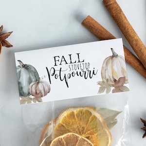 May include: A clear plastic bag filled with dried orange slices, cinnamon sticks, star anise, and bay leaves. The bag has a white label with the text "FALL STOVETOP Potpourri" and a watercolor illustration of pumpkins and leaves.