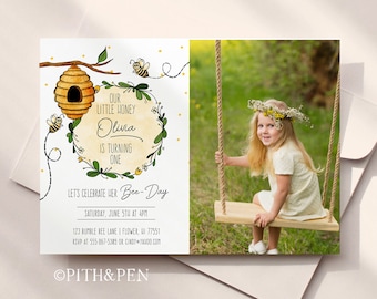 Honey Bee First Birthday Party Einladung, DIY Druckbare Karte, Sofort Download, Corjl #039-03PI