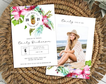 Tropical Graduation Party Invitation, DIY Printable Custom Photo Card, 5x7 Editable Instant Download Stationery, Corjl #031-01GP