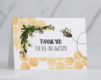 Folded Honey Bee Thank You Card, EDITABLE Thank You, Printable Card, Instant Download, Corjl #039-34TYC