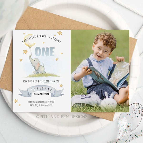 Elephant First Birthday Invitation, Printable Boy Card, Instant Download, Corjl #059-14PI