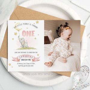 Invitación al primer cumpleaños de Elephant, tarjeta de niña imprimible, descarga instantánea, Corjl #059-13PI