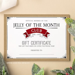 Jelly of the Month Club Certificate | Printable Gag Gift | Instant Download #033-30
