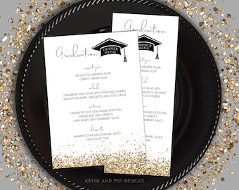 May include: A graduation dinner menu template with a black and white design. The menu features a black graduation cap with a gold tassel and the words "Dinner Menu" in white text. The menu includes appetizers, salad, entrees, desserts, and the text "Graduation" in a black script font. The background is a gold glitter pattern.