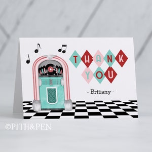 Cartão de agradecimento Sock Hop dos anos 50, cartão para impressão, download instantâneo, Corjl #049-24TYC