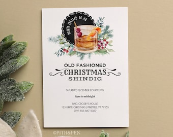 Old Fashioned Christmas Party Invitation, Adult Holiday Party Template, DIY Christmas Cocktail, Corjl #017-01CI