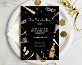 New Year's Eve Printable Party Invitation, NYE Party Evite, Instant Download, Corjl #018-12PI