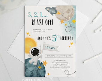 Editable Space Astronaut Birthday Invitation, DIY Printable Party, Instant Download, Corjl #041-25PI