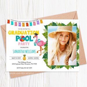 Convite para festa de formatura na piscina, festa de verão para impressão, download instantâneo, Corjl #054-04PI
