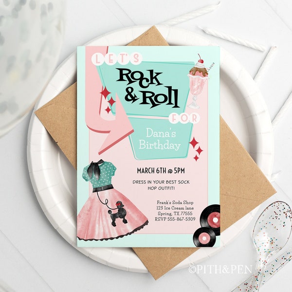 Retro 50's Birthday Party Invitation, Printable Sock Hop, Corjl #049-02PI