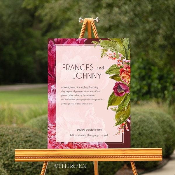 Peony Fuchsia Wedding Welcome Sign, DIY Printable Poster, Custom Wedding Design, Instant Download Stationery, Corjl #009-07WS