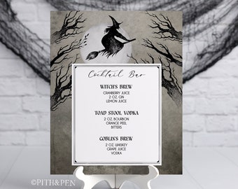 May include: A printable Halloween cocktail menu featuring a black and white illustration of a witch flying on a broomstick in front of a full moon. The menu lists three cocktails: Witch's Brew, Toad Stool Vodka, and Goblin's Brew, with the ingredients for each drink.