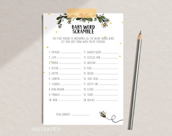 Honey Bee Word Scramble Baby Shower Game, Printable Game, Instant Download #039-30G