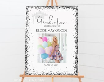 Black Glitter Graduation Party Welcome Sign, Photo Welcome Sign, Plantilla imprimible, Corjl #027-41WS
