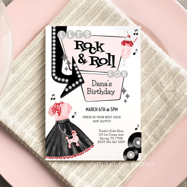 1950's Birthday Party Invitation, Printable Pink and Black Sock Hop, Corjl #062-03PI